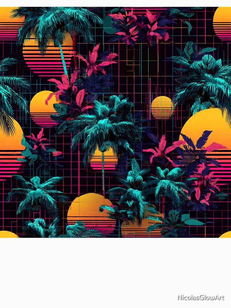 Retro 80s Synthwave Palm Tree Sunset Grid by NicolasGlowArt