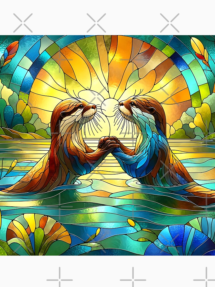 otters holding hands, Stained Glass Art by Truck Stop One