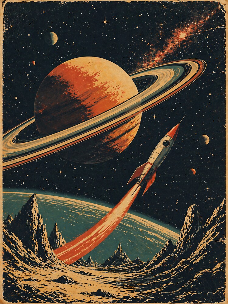 Retro Space Rocket Poster – Vintage Sci-Fi Saturn and Galaxy Illustration by DrizzyV