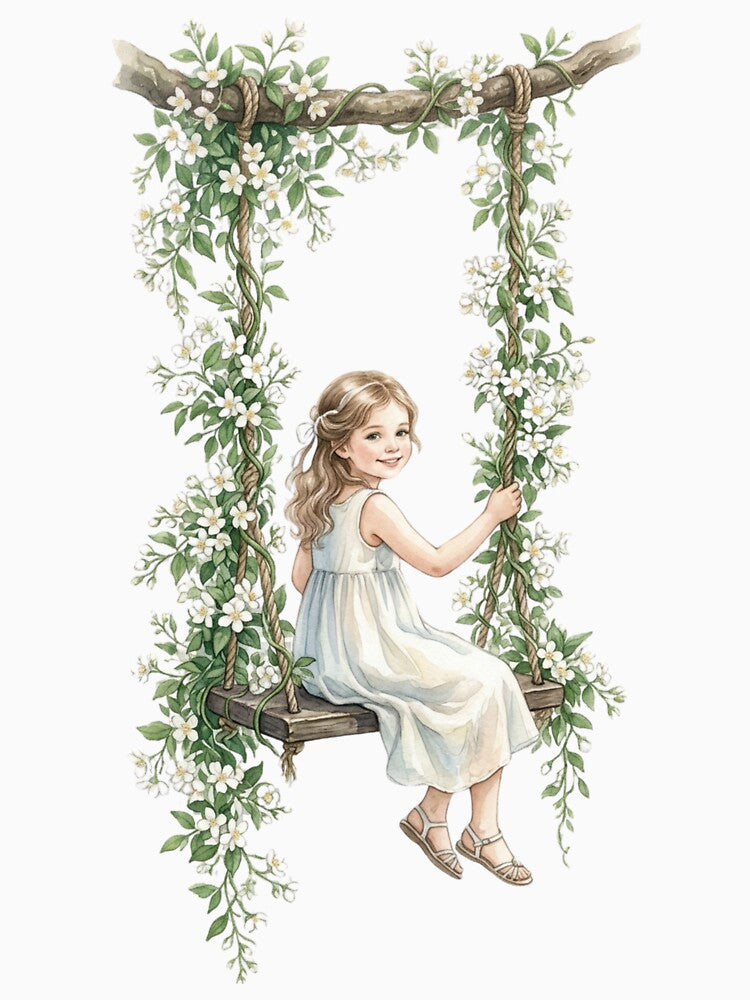 watercolor Blond Girl on a Jasmine covered Swing by TB-73