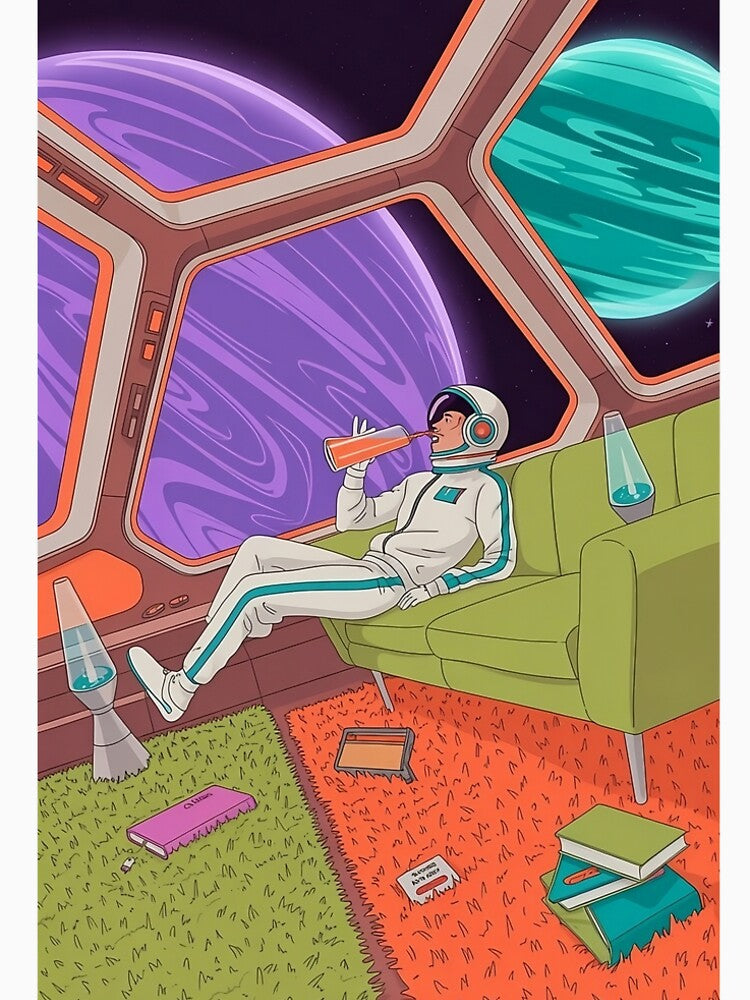 ZERO-GRAVITY LIVING ROOM - Retro Space Lounge Art for Sci-Fi Lovers & Homebodies, 70s Space Age Poster by Rilindi