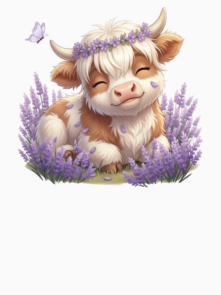 Moo In Bloom Peaceful Highland Cow Lavender Field by HumTumMe