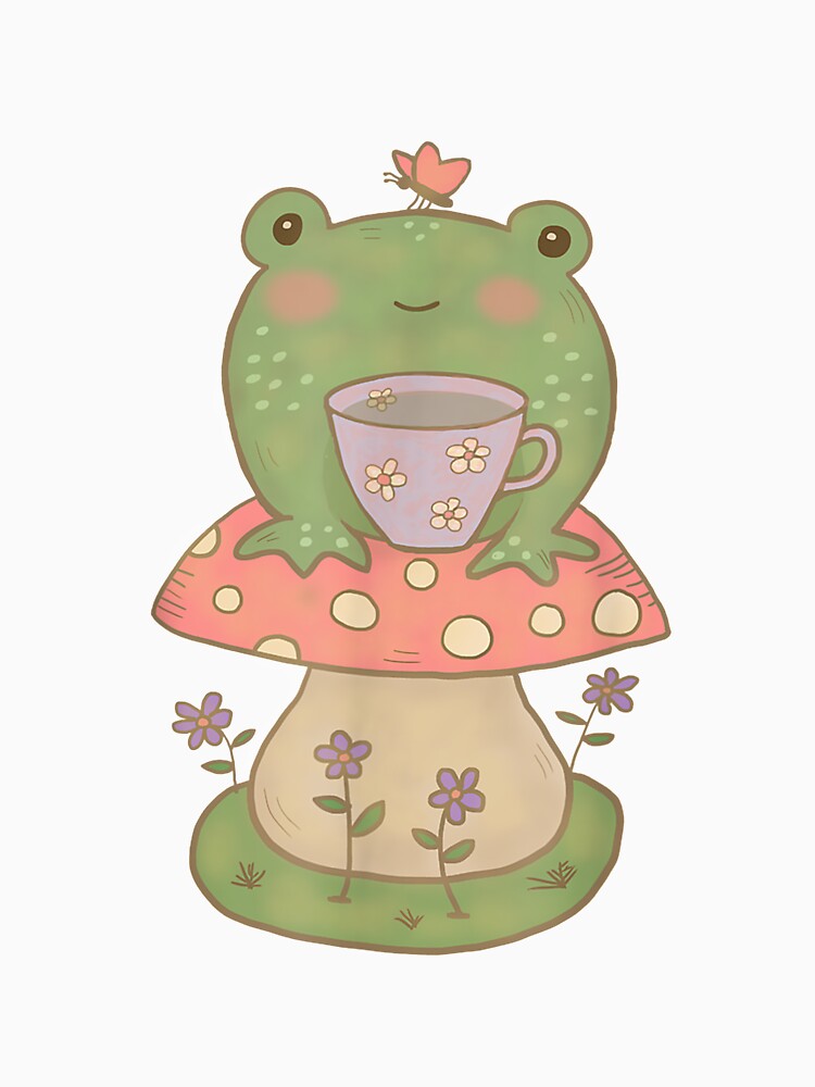 Pale Green Frog On Mushroom With Tea Cup by lindaxse