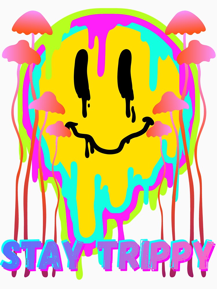 Stay Trippy Psychedelic Smiley Face – Neon Drip Mushroom Art by Painted Moon by Luna Bee™