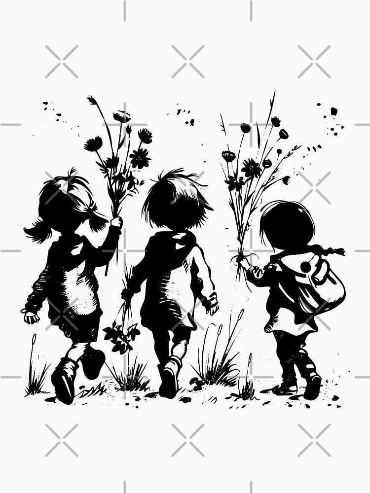 Vintage Children with Wildflowers Silhouette – Whimsical Black and White Art by inkoutninja