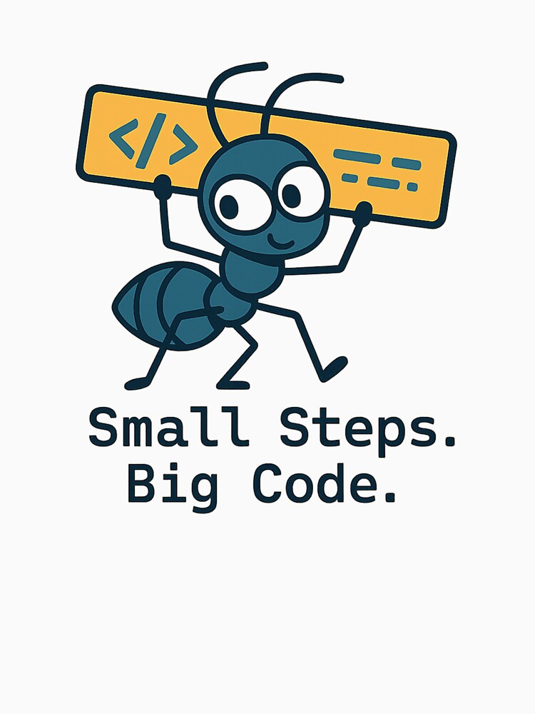 Small Steps. Big Code - Cartoon Ant Developer T-Shirt / Coffee Mug for Programmers, Coders, Tech Lovers by OffTopicStudio