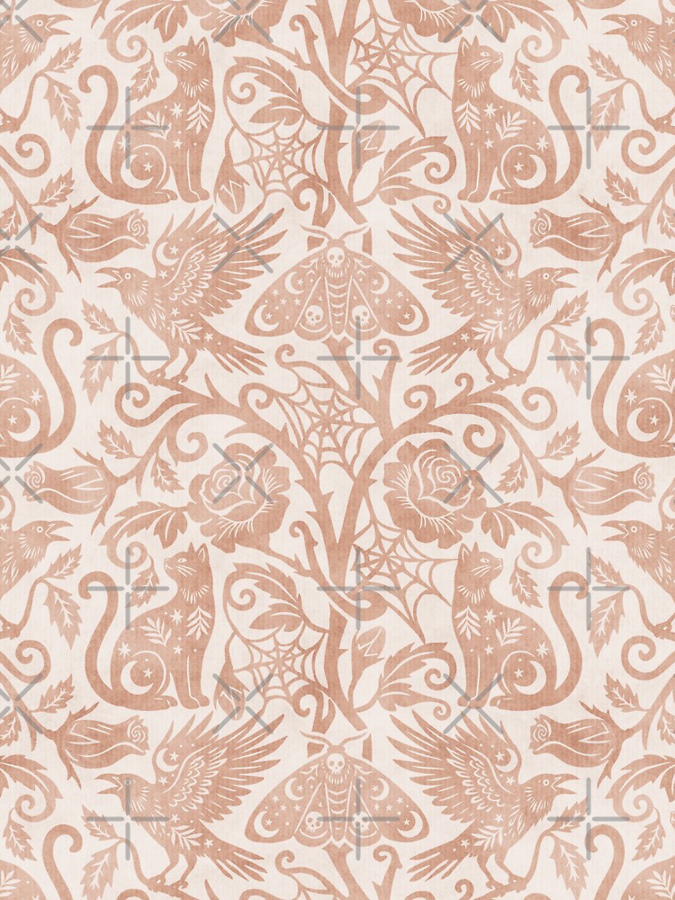 Ornate Gothic Cats Ravens Moths And Roses In Golden Beige On Cream by EliveraDesigns
