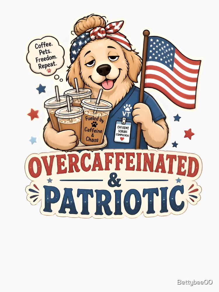 Overcaffeinated & Patriotic Vet Sticker | Funny Veterinary Coffee Dog by Bettybee00