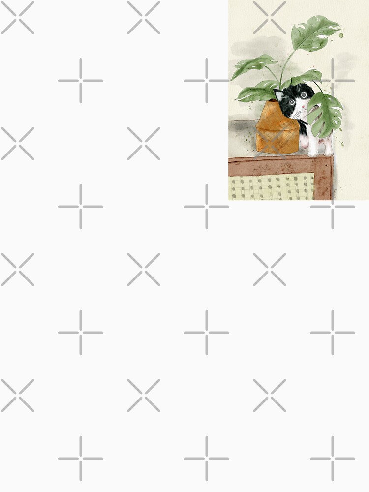 Cute Tuxedo Cat Hiding in Monstera Plant Watercolor by LafinaArt