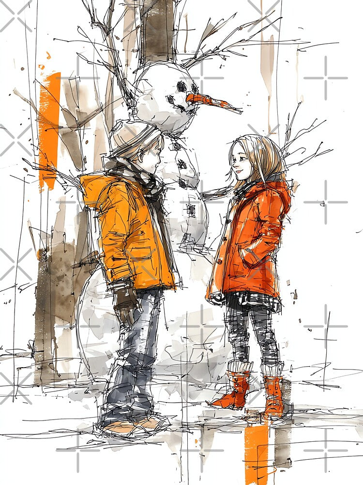 Winter Fun - Children Building Snowman Watercolor Illustration Art by Banal25