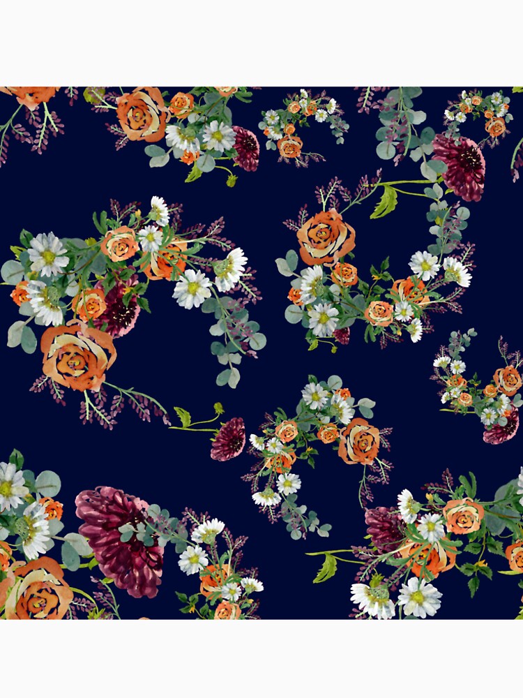 Dahlia red rose daisy pattern watercolor blue by Yana Mustafina | Boho Soulful Designs