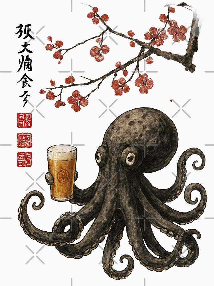 Octopus with Beer – Japanese Ink Art Style Design by Arcaucil