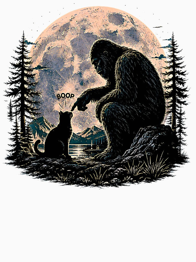 Bigfoot Boops Cat Under Full Moon by Rahamkshop