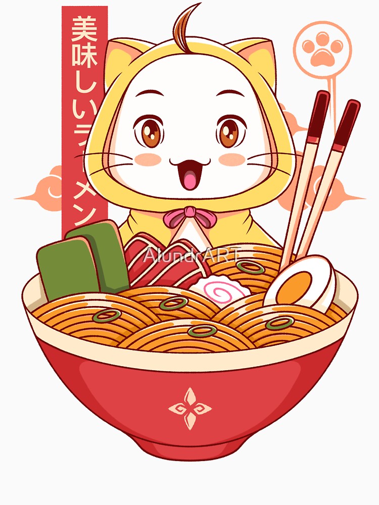 Cute White Cat Ramen by AlundrART