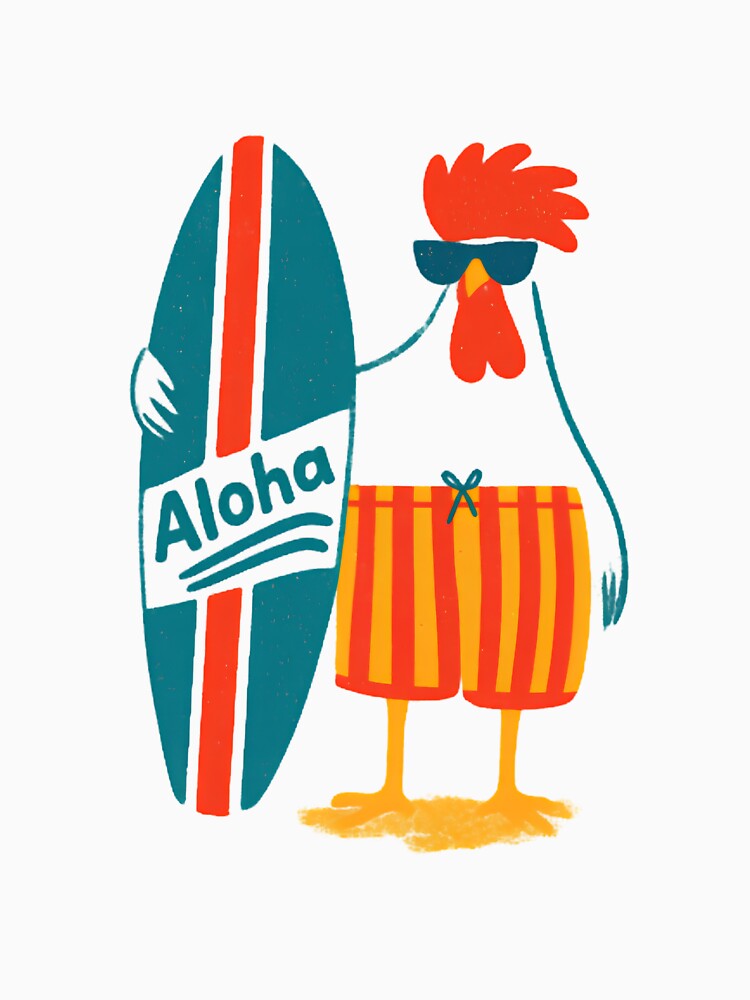 Surfing Rooster Aloha — Funny Summer Chicken with Surfboard Illustration by Colorful-Garden