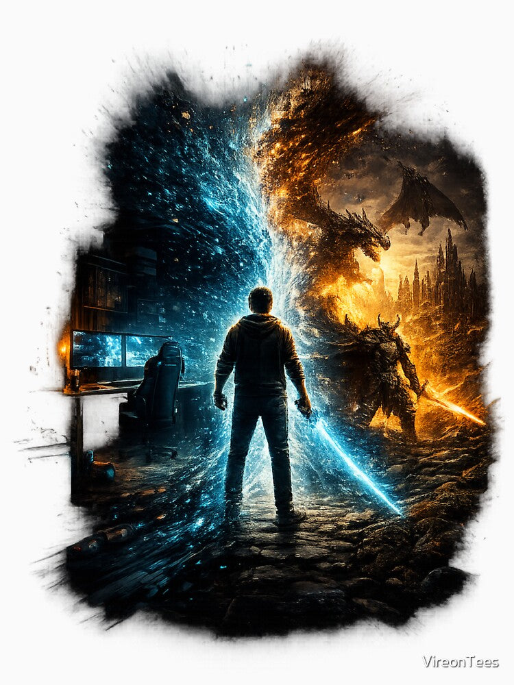 Between Worlds – Gamer vs Dragon Fantasy Artwork | Dark Gaming T-Shirt by VireonTees
