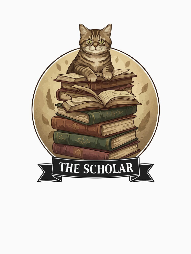 The Scholar – Librarian Cat with Glasses and Old Books by Petzzz