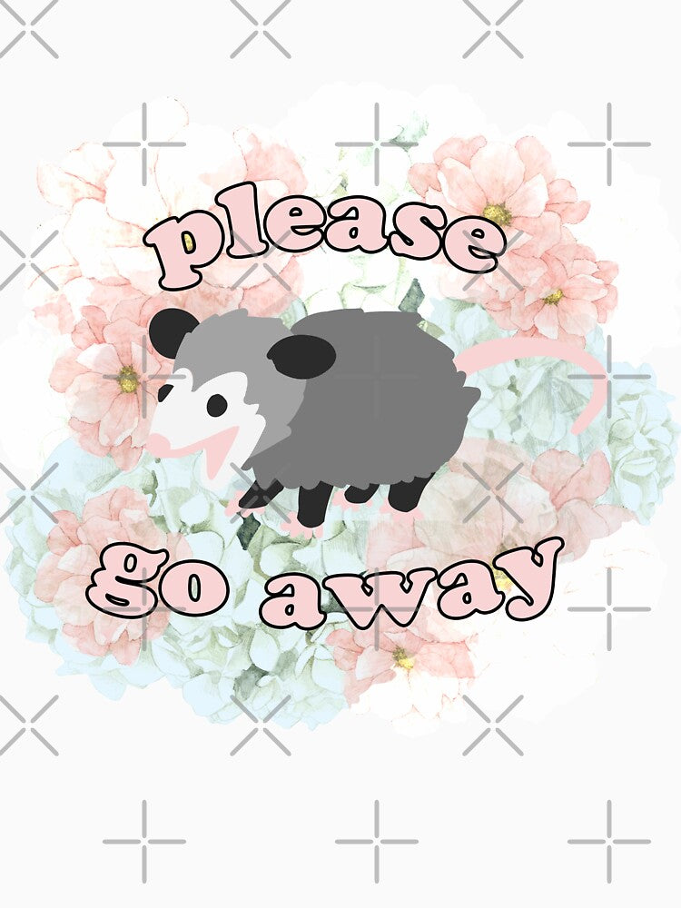 cute baby opossum says "please go away" (floral edition) by Lindsey Sheets
