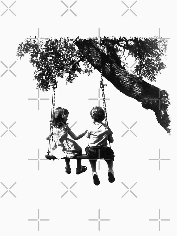 Children on Tree Swing - Black and White Nostalgic Childhood Art by inkoutninja