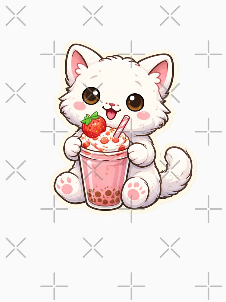Cute Cat Drinking Strawberry Milkshake – Kawaii Cat Boba Lover Sticker by MrDev
