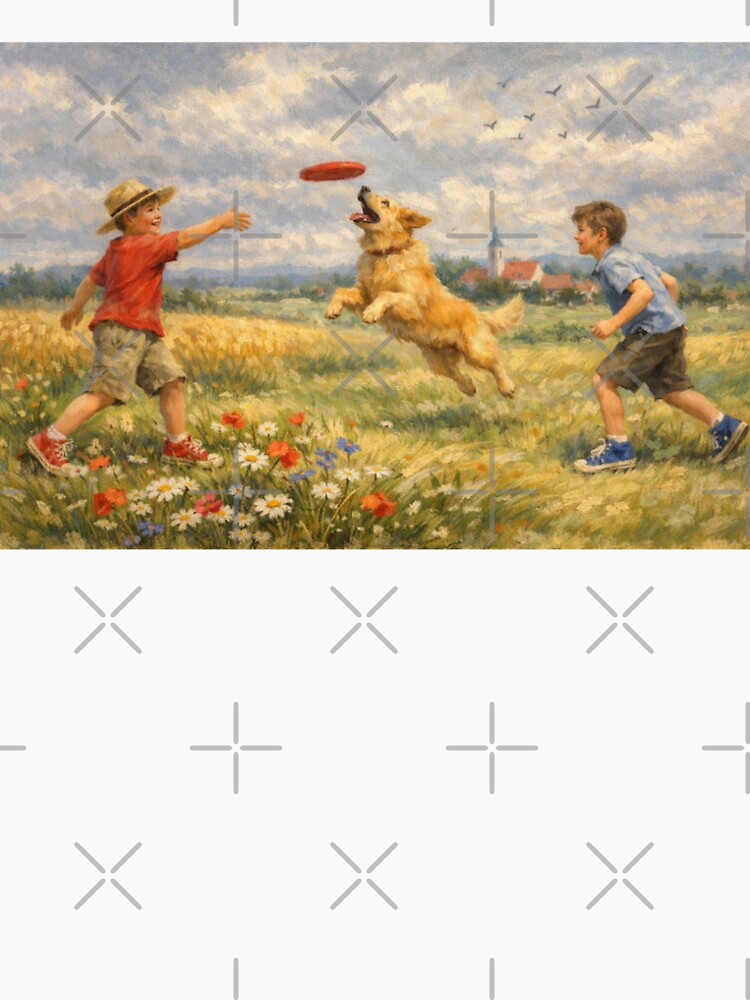 Summer Frisbee Game in the Country - Childhood Memories Rural Impressionist Painting by slikar
