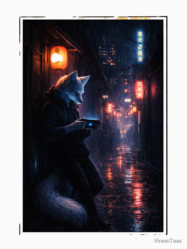 Neon Silence – Cyberpunk Wolf Gamer in the Rain by VireonTees