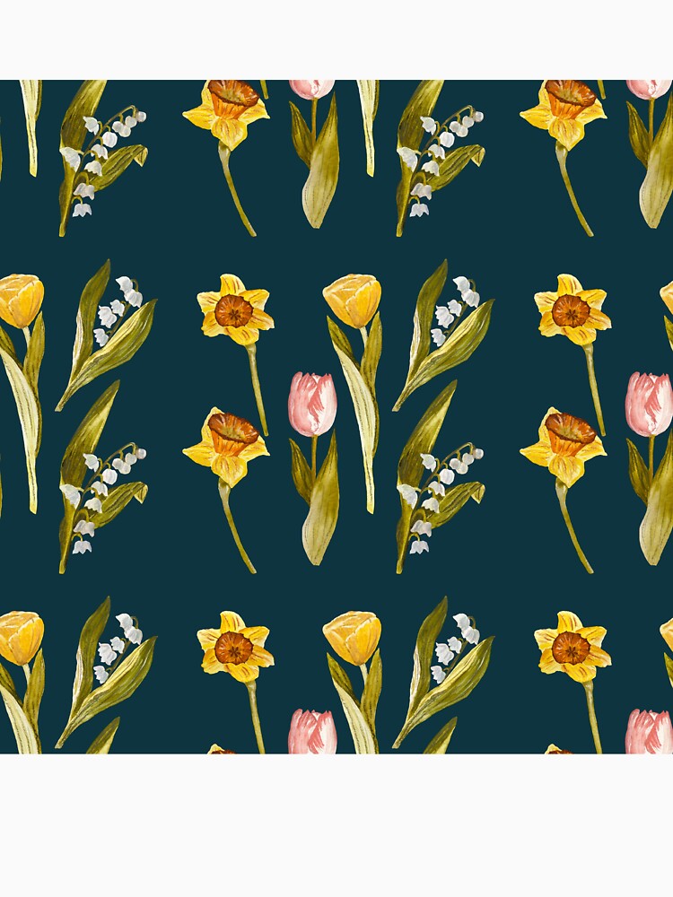Daffodil tulip snowdrop Easter a seamless pattern blue by Yana Mustafina | Boho Soulful Designs