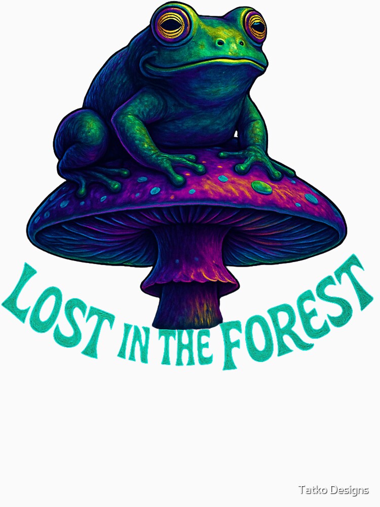 Lost in the Forest – Psychedelic Frog on Mushroom by Tatko Designs
