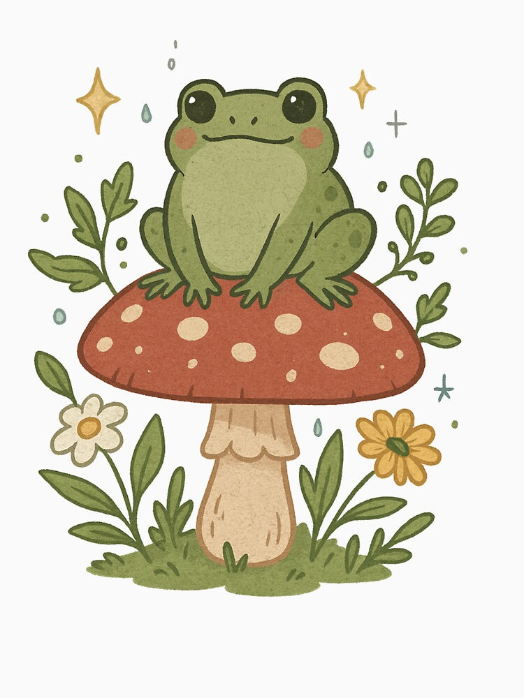 Cute Frog on Mushroom – Cottagecore Nature Illustration by ArTo-Wear
