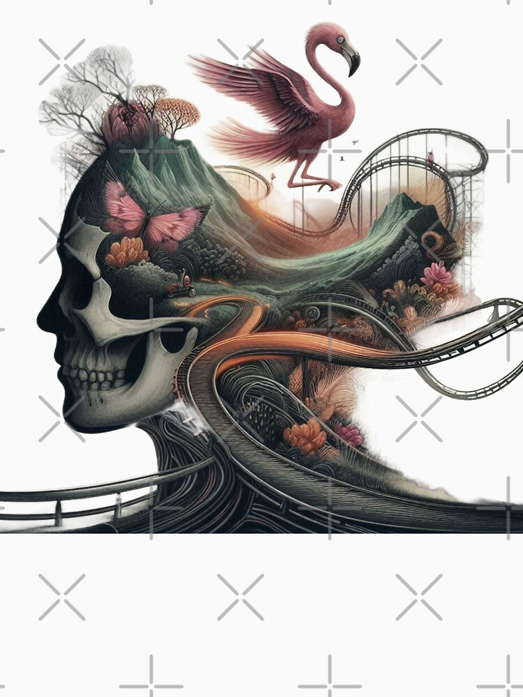 Gothic Skull Mountain Mindscape with Flying Flamingo by LujziWorld