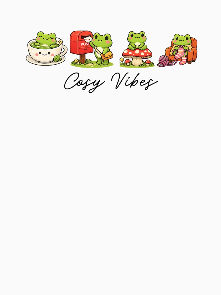 Cute kawaii frog pack, posting letter, knitting, relaxing in green tea, sitting on mushroom by BritishDelights