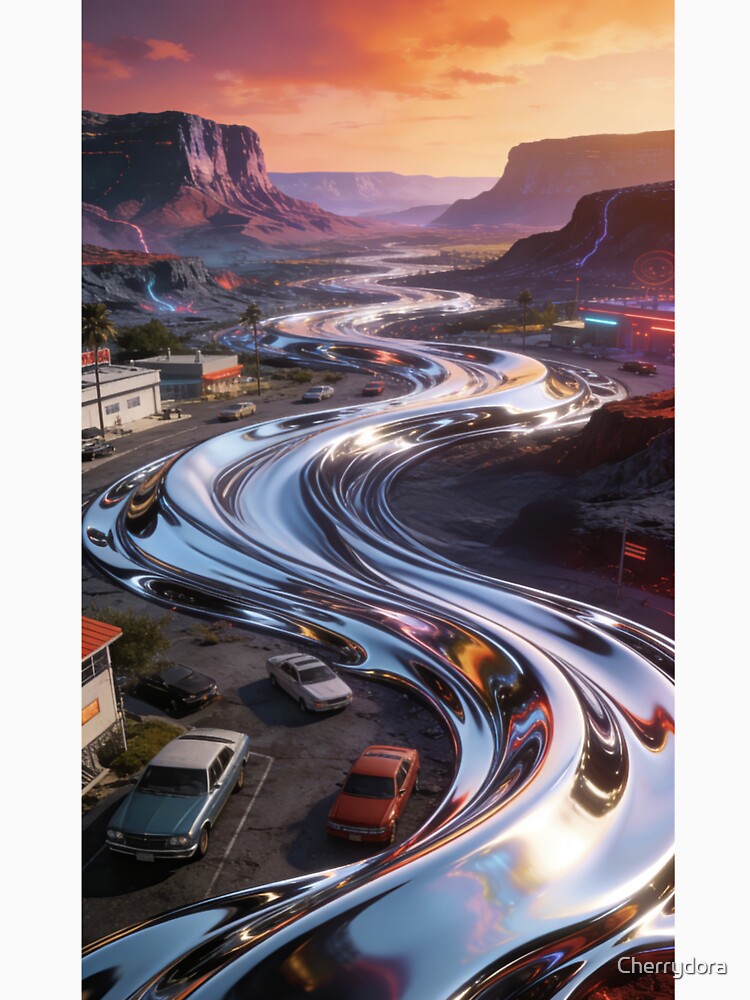 Liquid Chrome Road Trip Art | Retro-Futurism Desert Sunset Landscape | Outrun Vaporwave Aesthetic Poster by Cherrydora