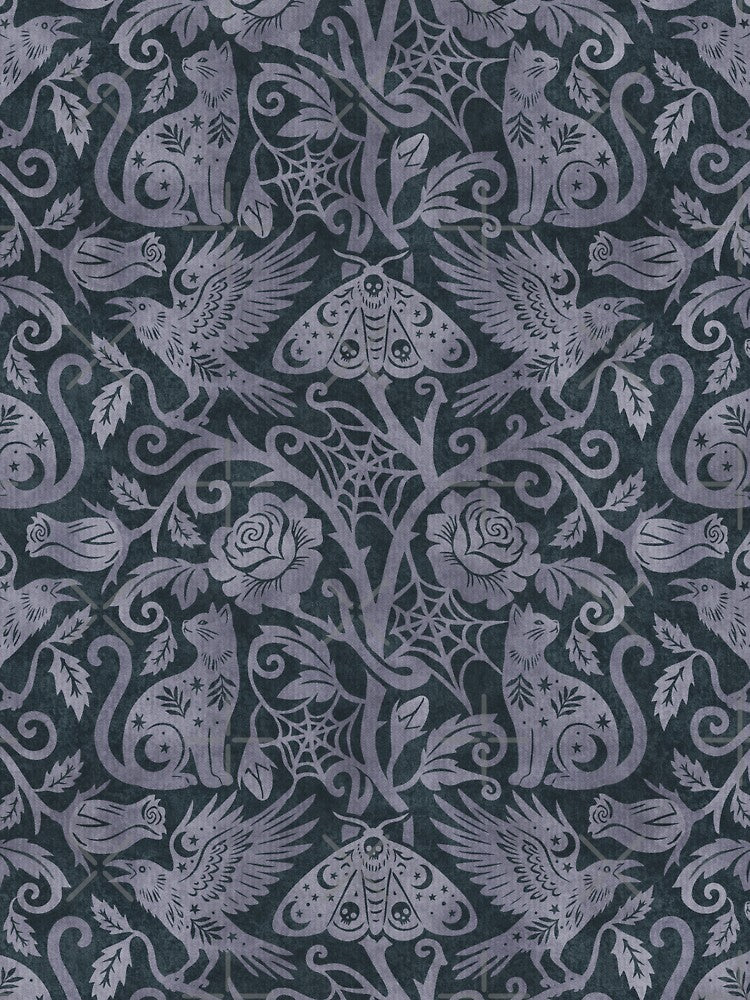 Ornate Gothic Cats Ravens Moths And Roses In Plum On Charcoal by EliveraDesigns