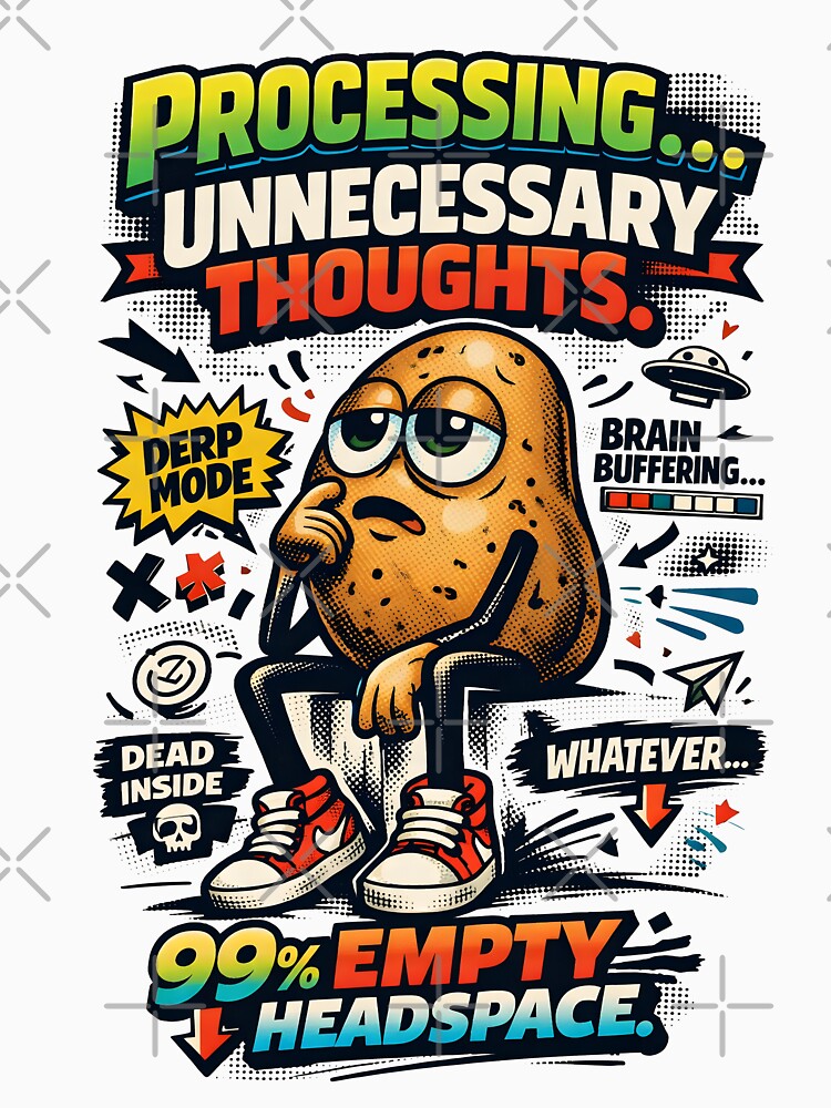Thinking Potato Processing Unnecessary Thoughts Retro Comic Art - Funny Relatable Mental Health Design by Vivaan Studio by Vivaan Studio