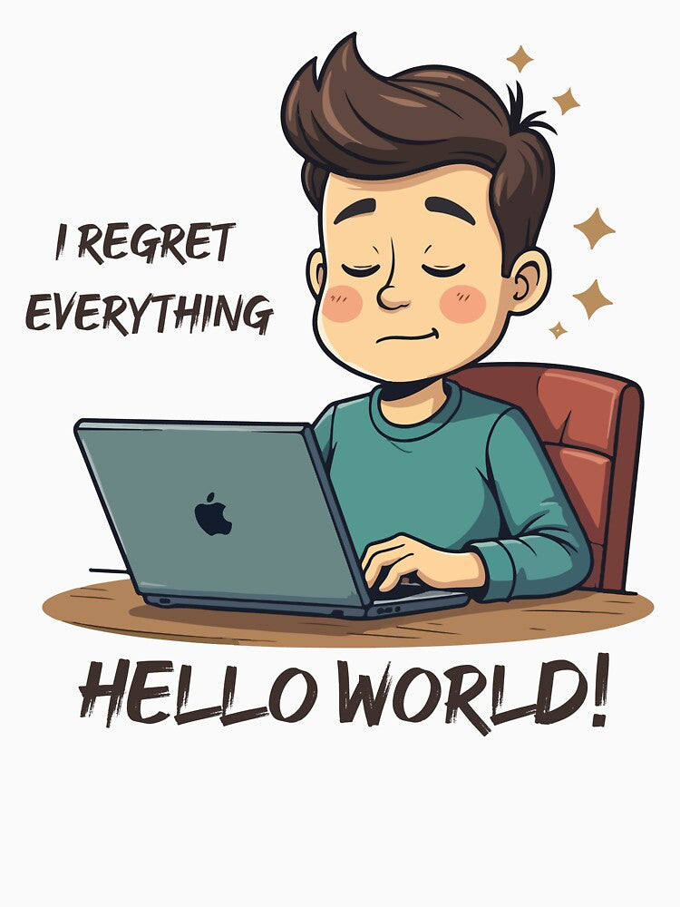 I Regret Everything Hello World Programmer T-Shirt – Funny Coding Cartoon Tee for Developers by Design-Pro-21