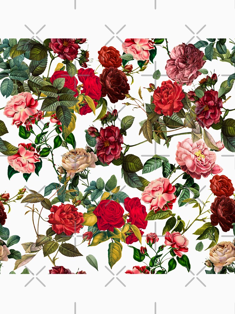 Red pink nostalgic rose vintage cottagecore flowerpattern garden teal background by PG Illustration