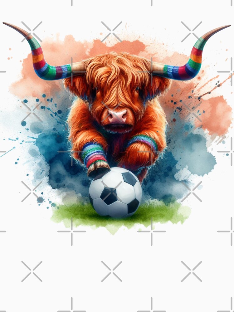 Scottish Tartan Army Highland Cow Playing Soccer Football Colorful Watercolor by MaedK