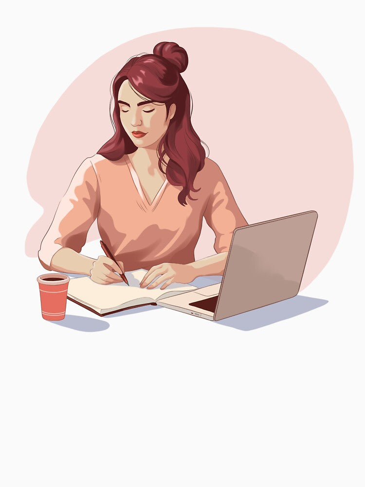 Female freelancer studying and taking notes at workspace. by Ms. Iryna