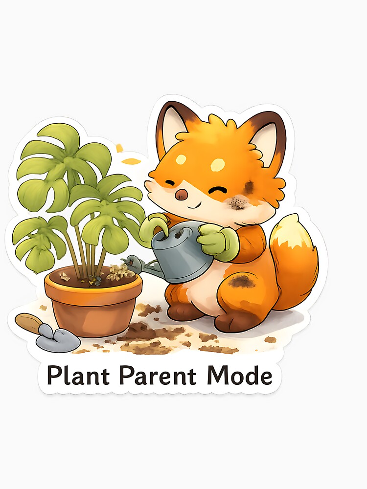 Plant Parent Mode – Cute Kawaii Fox Watering Houseplants Art by Still Breathing Studio