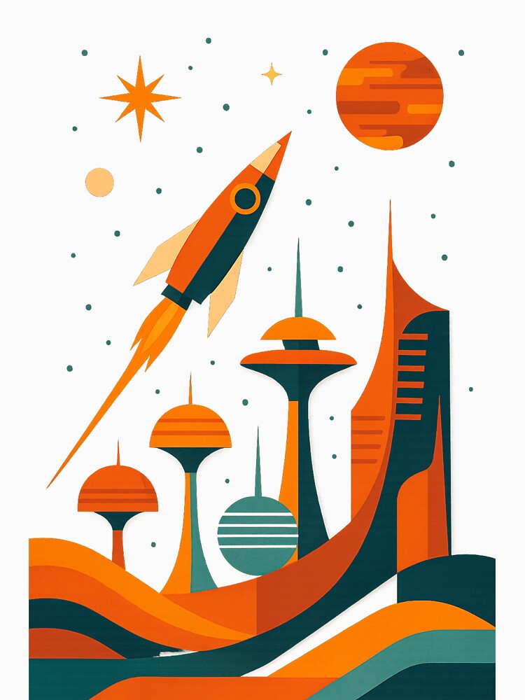 Retro Futurism Rocket Over Space City by SholoStudio