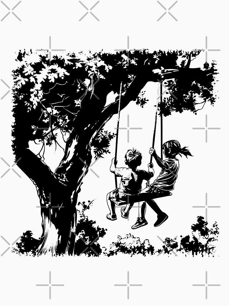 Children on Tree Swing – Nostalgic Black and White Childhood Illustration by inkoutninja