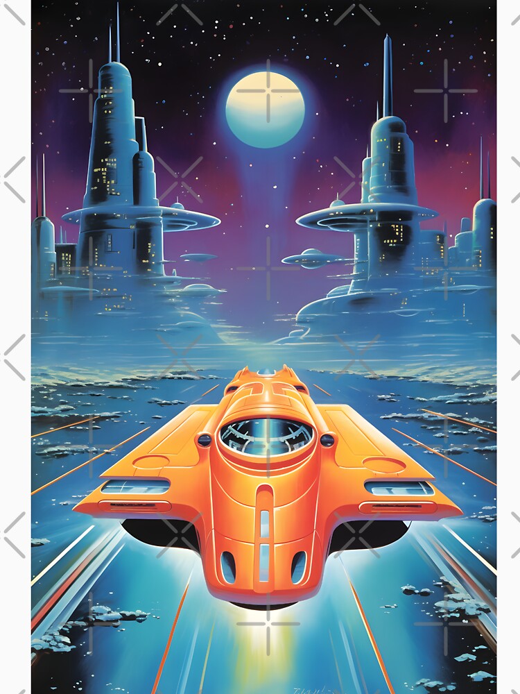 Orange Retro Futuristic Spaceship Flies at High Speed over the Surface of the Planet by Je-we