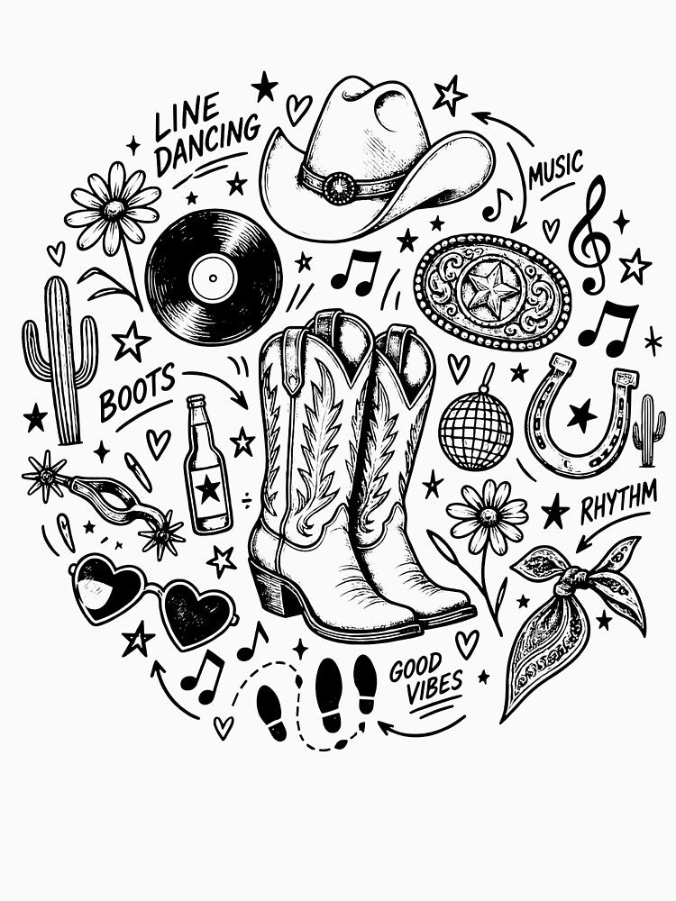 A Night of Line Dancing Doodle Icon Back Print Custom Western Dance Line Dance by ZIGLWORKS