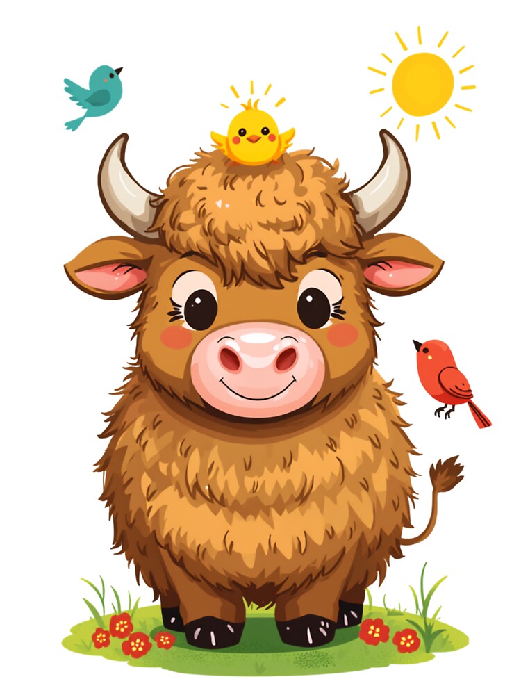 Charming Cartoon Highland Cow with Chick & Sunny Friends by katiecorners