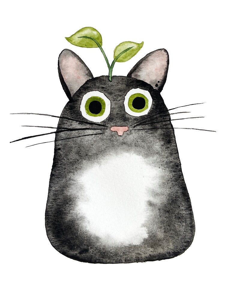 Black Tuxedo Cat with Plant by Hannah Smolensky