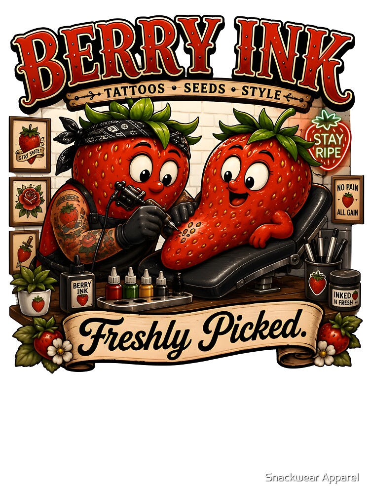 Berry Ink Strawberry Tattoo Artist – Freshly Picked Funny Food Tattoo Design by Snackwear Apparel