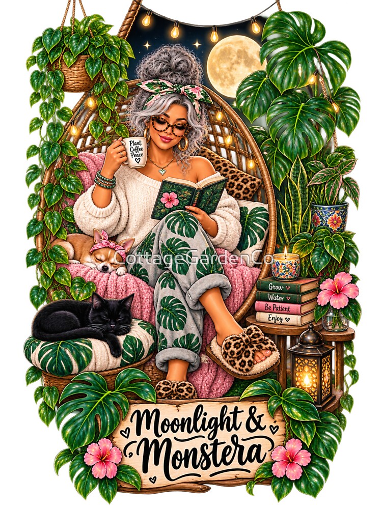 Moonlight & Monstera – Cozy Plant Mom Nighttime Botanical Art by CottageGardenCo