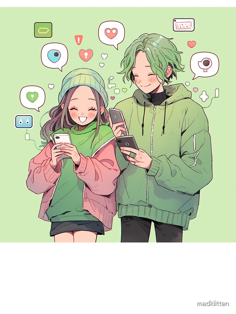 Cute anime couple on their phones by madkiitten