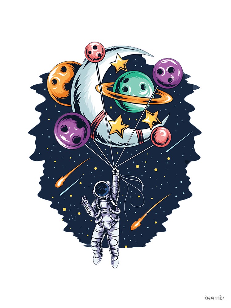 astronaut flies in space with balloon planets and moons vector artwork by teemix