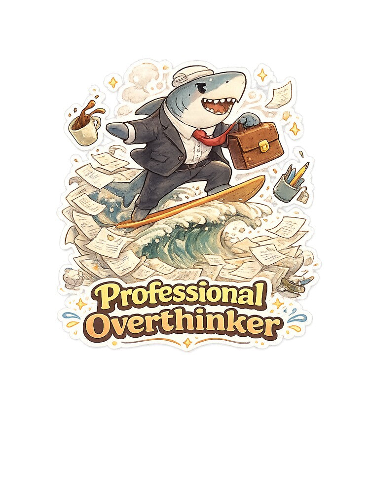 Professional Overthinker – Shark Surfing Office Chaos Funny Cartoon T-Shirt by NarpLTD